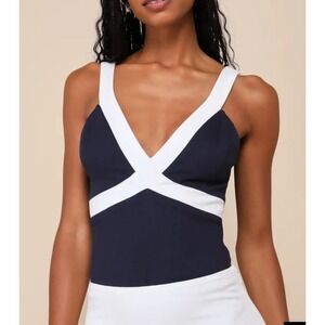Navy White XS Bodysuit Sleeveless Coastal Fisherman‎ Aesthetic Preppy Tank New